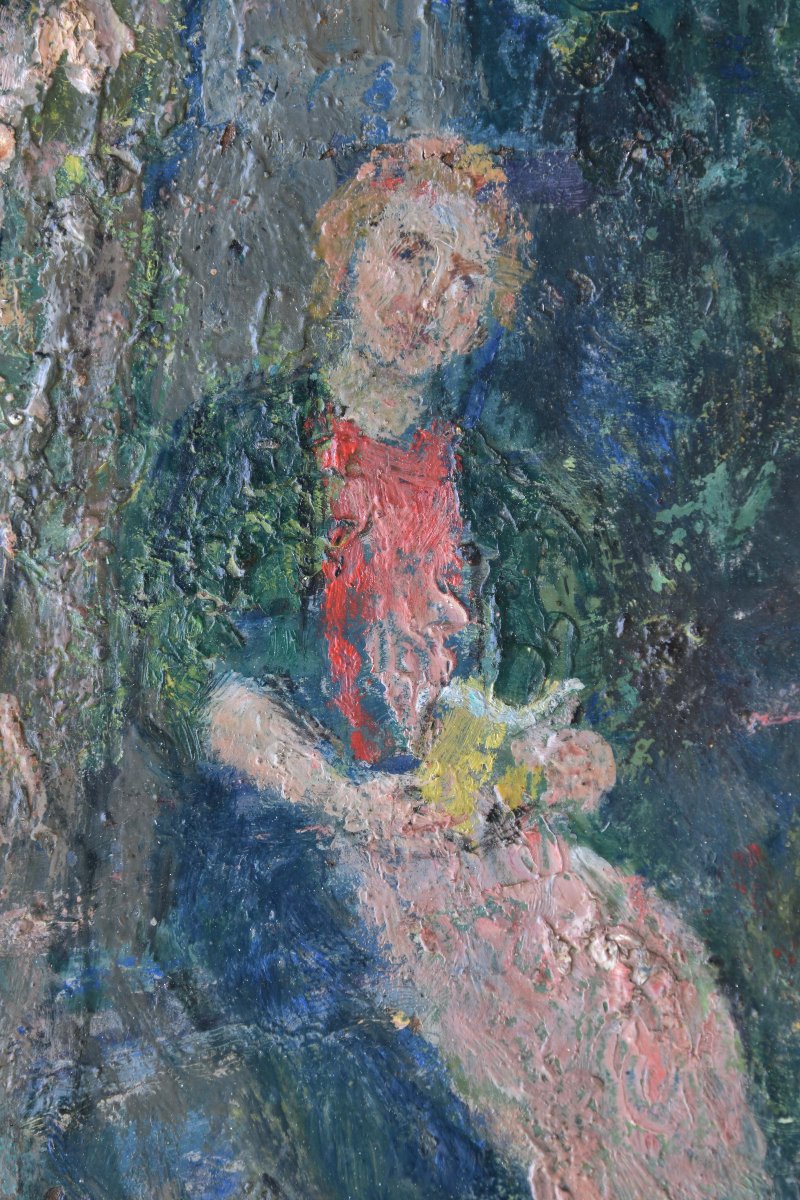 Emile Brunet  "woman Under A Tree" Oil On Cardboard  44x34-photo-1